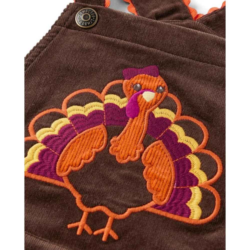 Gymboree Girls Turkey Thanksgiving Overalls Brown Corduroy Dress Size 12 NEW